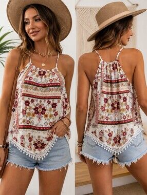 H&M x Coachella Boho Floral Halter Neck Top with Lace Fringe